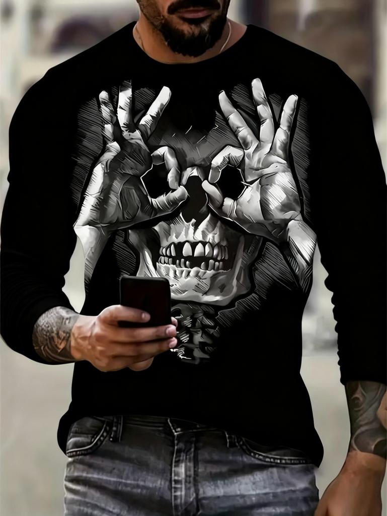 Men's Skull Graphic T-Shirts long Sleeve Skeleton 3D Print Street man t shirt autumn O-Neck Casual Y2k Top oversize Men clothing