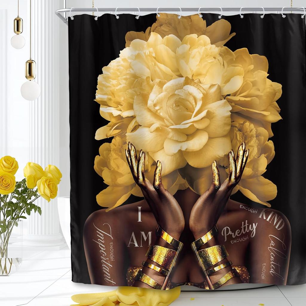 African American Shower Curtain, Black Gold Peony Floral, Modern Girly Quotes, Waterproof Polyester with Hooks