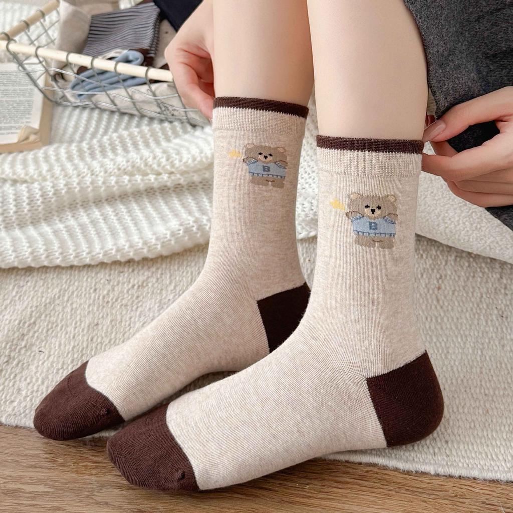 Polka Dot Striped Cartoon Bear Cloth Label Socks Internet Celebrity Maillard Coffee Color Double Mouth Contrasting Color Medium Tube Stacking Socks