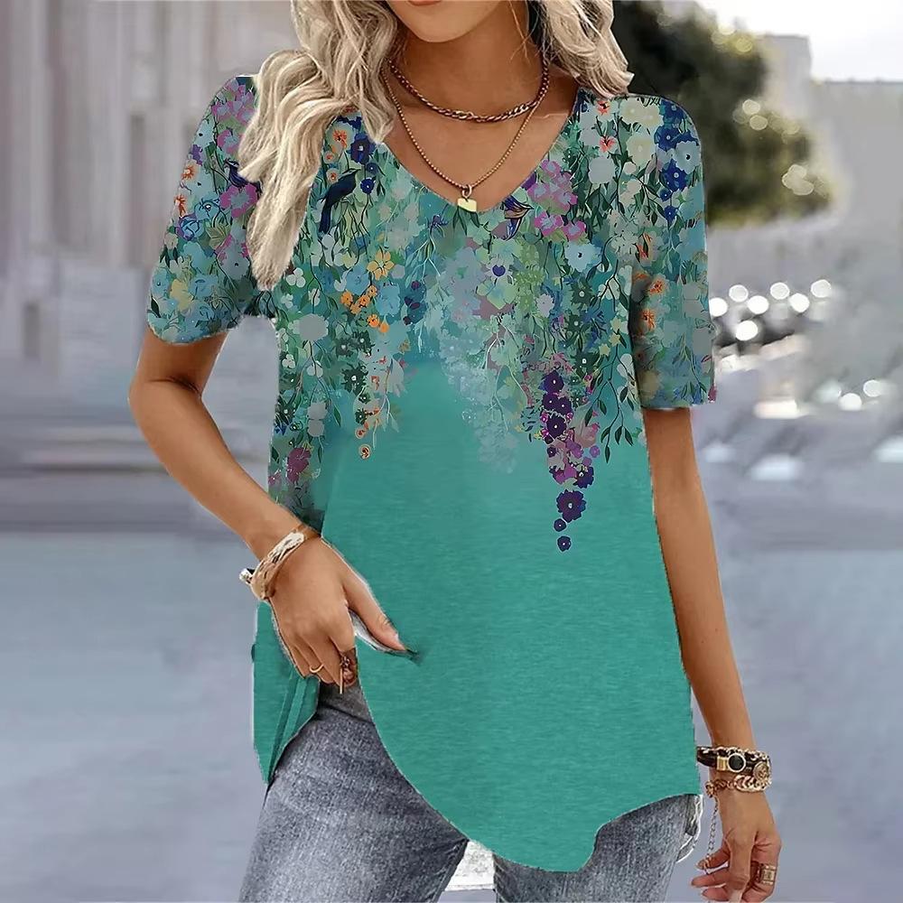 Casual Versatile Plant Pattern Short Sleeve V-Neck T-Shirts Women’s