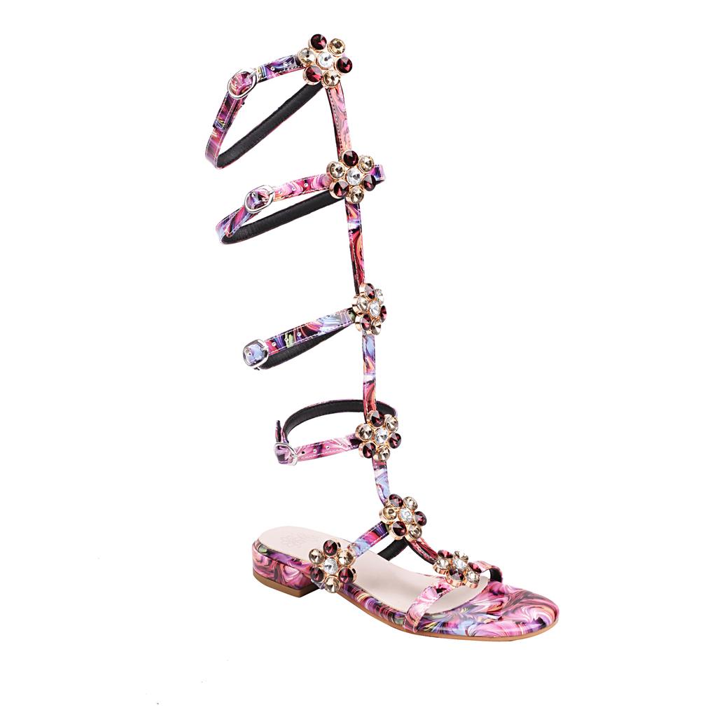 Gladiator Sandals Women 2024 Summer Leather Flats Crystal Beach Dress Shoes Rhinestone Knee High Buckle Strap Boots Plus Size 46