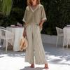 Summer Two Piece Outfit for Women Striped Short Sleeve V Neck Top And Wide Leg Pants Set with Pockets Casual Vacation Lounge Sets