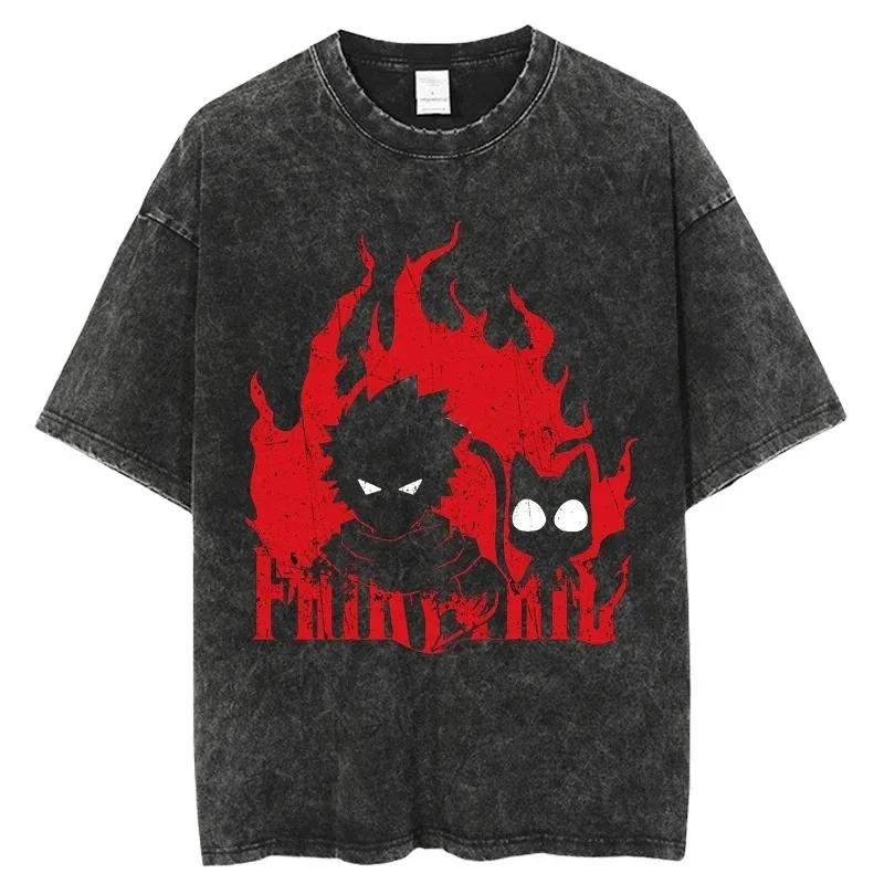 2026 Summer Vintage Washed Fairy Tail Manga Cover Anime T-Shirt Unisex Oversized Streetwear Cotton Short Sleeve Casual Tops