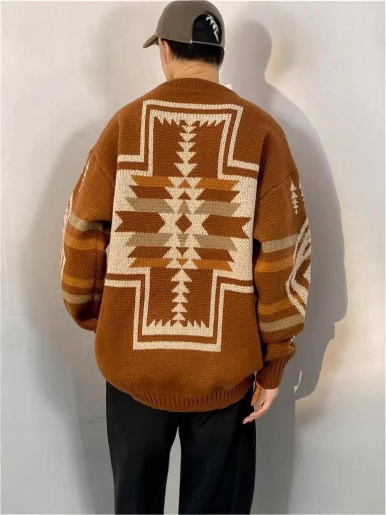Men's Retro Ethnic Casual Sweater - Autumn/Winter Round Neck Knitwear