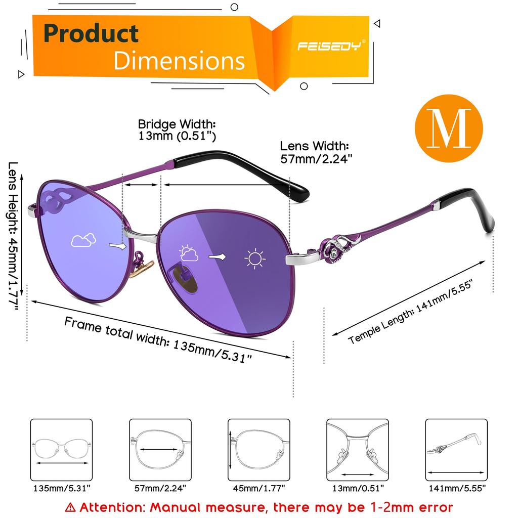 Feisedy Polarized Discoloration Sunglasses for Women Fashion Sunglasses Cool Elegant Jewelry Frame UV Protection UV400 Cut Small Face Outdoor Travel