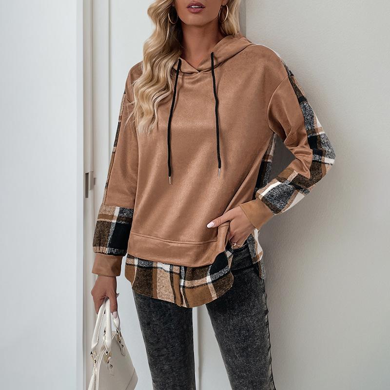 Осенне-зимние женские топы больших размеров с длинным рукавом в клетку с цветными блоками — фото 3