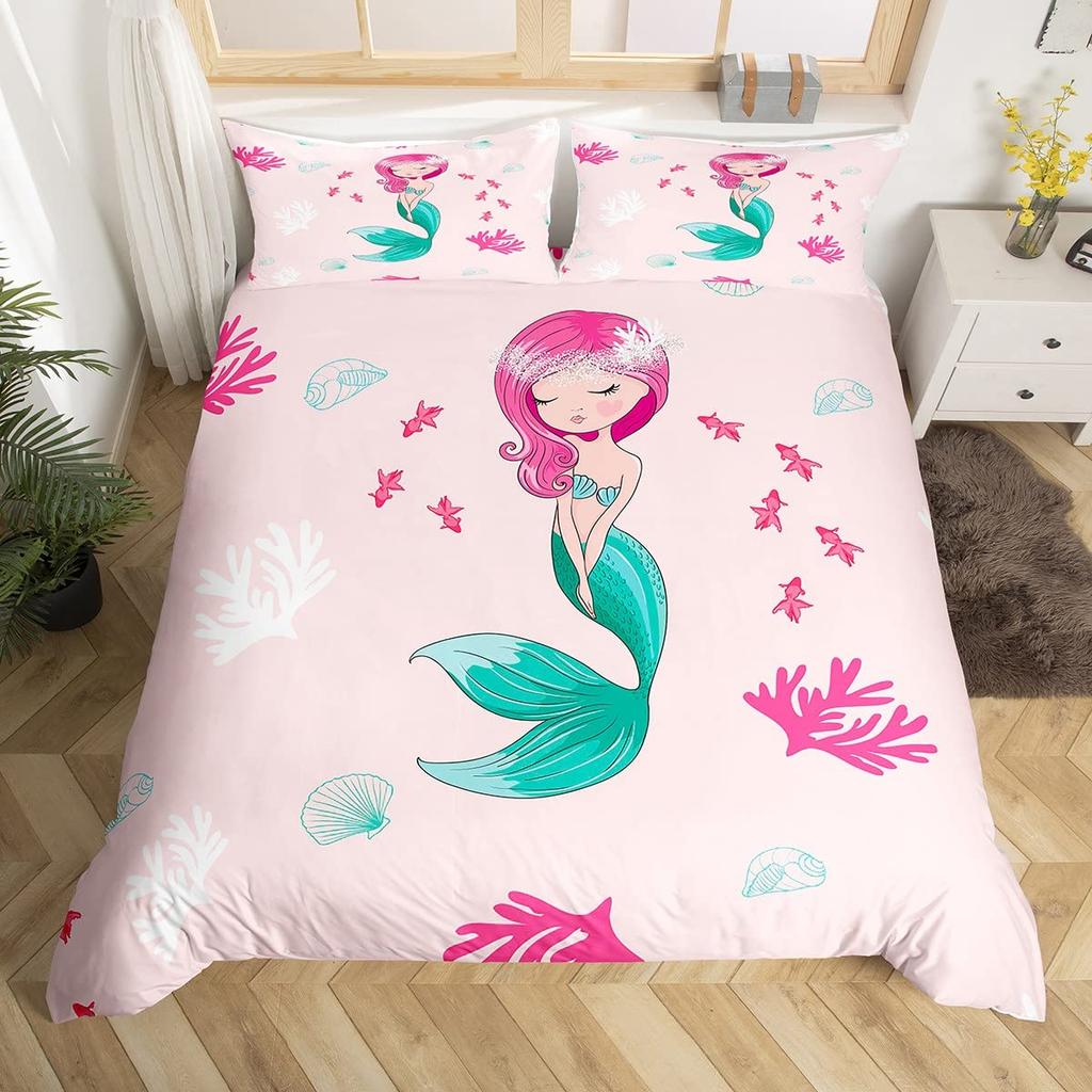 Meerjungfrau Bettwäschebezug Cartoon Meerjungfrau Bettwäsche Set Oktopus Bettbezug Für Kinder Jungen Mädchen Koralle Tief Tier Kinderzimmer Deko