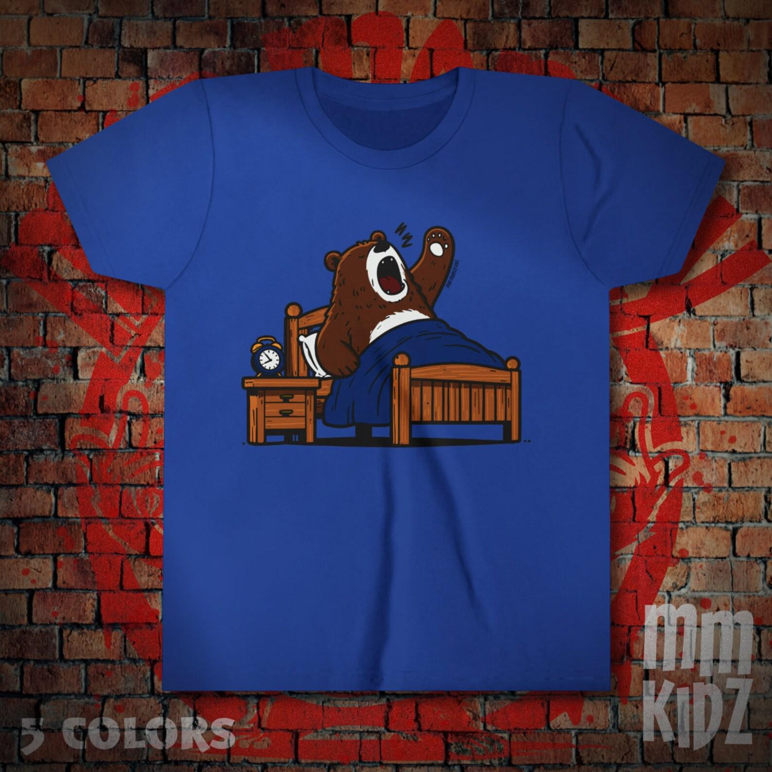 Kids Cozy Bedtime Bear T-Shirt | Cartoon Hibernating Bear Graphic Tee | Comical Sleepy Bear Shirt for Children | Cute Nighttime T Shirt 100