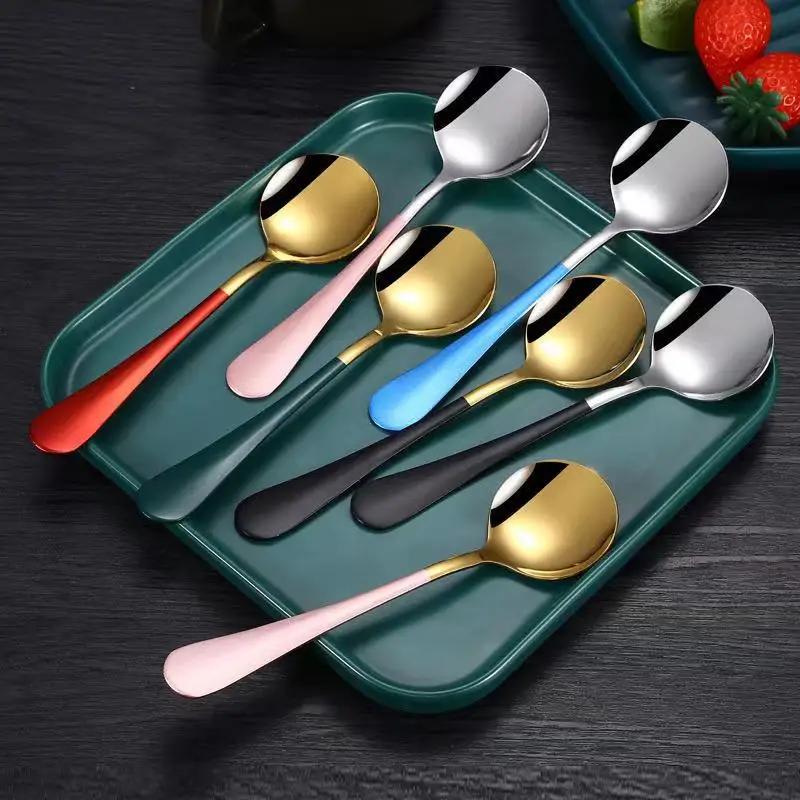 17cm Stainless Steel Round Spoon Cute Dessert Spoon Coffee Children's Golden Silver Spoon Dessert Spoons Kitchen Soup