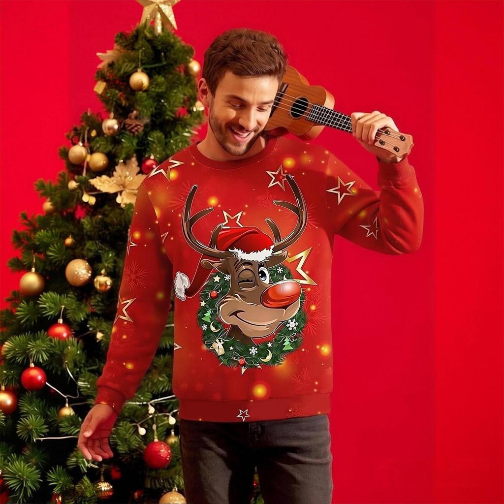 Men's Christmas Print Neck Sweatshirt, Long Sleeve Holiday Pullover Top