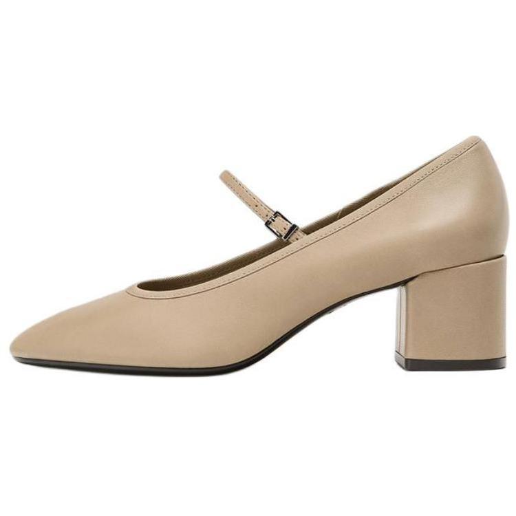 Zara Lambskin Lightweight Elegant Artistic Casual High Heels 5.5cm Leather Strap Chunky Mary Jane Shoes Women shoes Light-Beige 12238510002