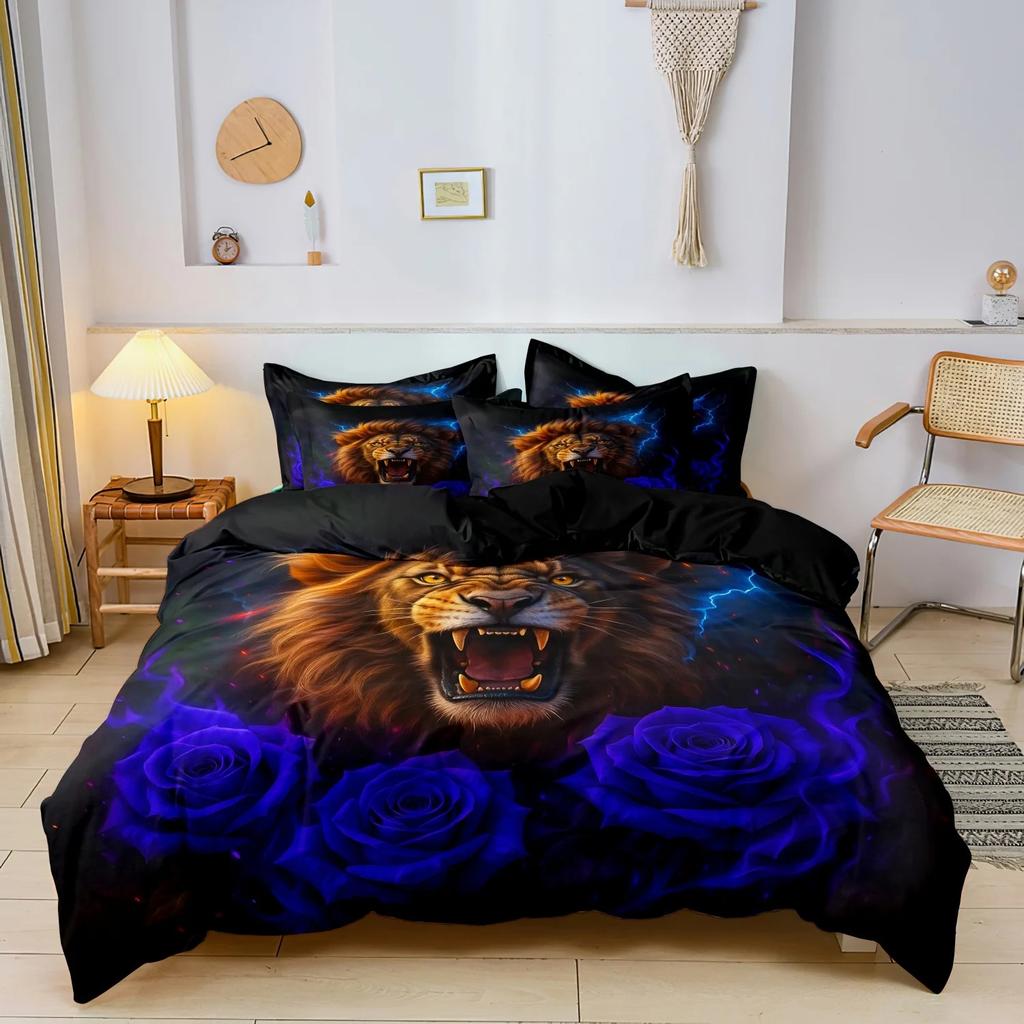 3D Print Wild Animal Rose Print Duvet Cover Set, Lion Leopard Floral Microfiber Bedding Set 2/3 Pieces Quilt Cover Pillowcases