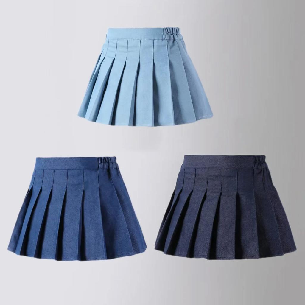 Girls Denim Pleated Skirt 2025 New Blue Fashion All-match School Teen Children Short Skirt Casual Kids A-line Skirt with Shorts