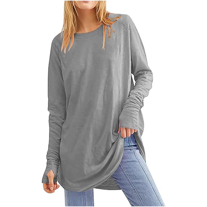 Tops Women’s Solid Color Loose Round Neck Long Sleeve Thumb T-shirt Top Women
