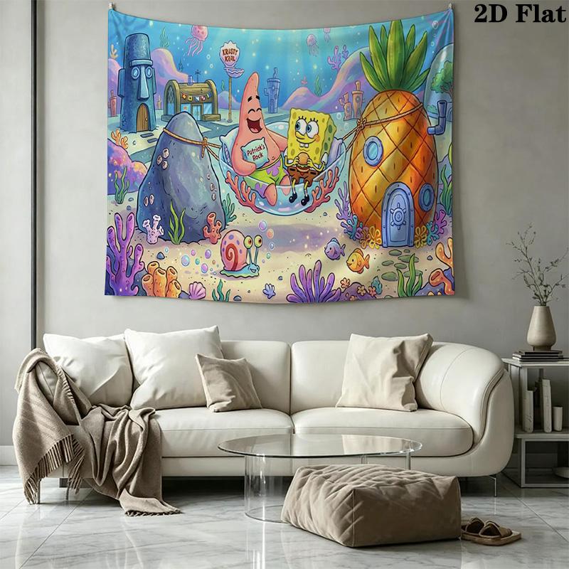 Cartoon Spongebob Wall Tapestry Aesthetic Wall Hanging Printed Fabric Blanket Decorative Tapestries for Bedroom Living Room Home Decor