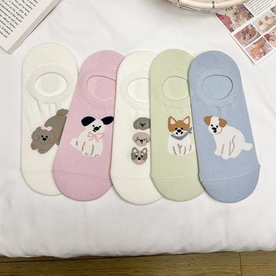 Frühlings- und Sommer-Dünne Bootssocken für Damen, Cartoon-Tier-Silikon-Unsichtbare Socken für Hunde, Kurze, Flache und Nicht-rutschende Fersen-Damensocken
