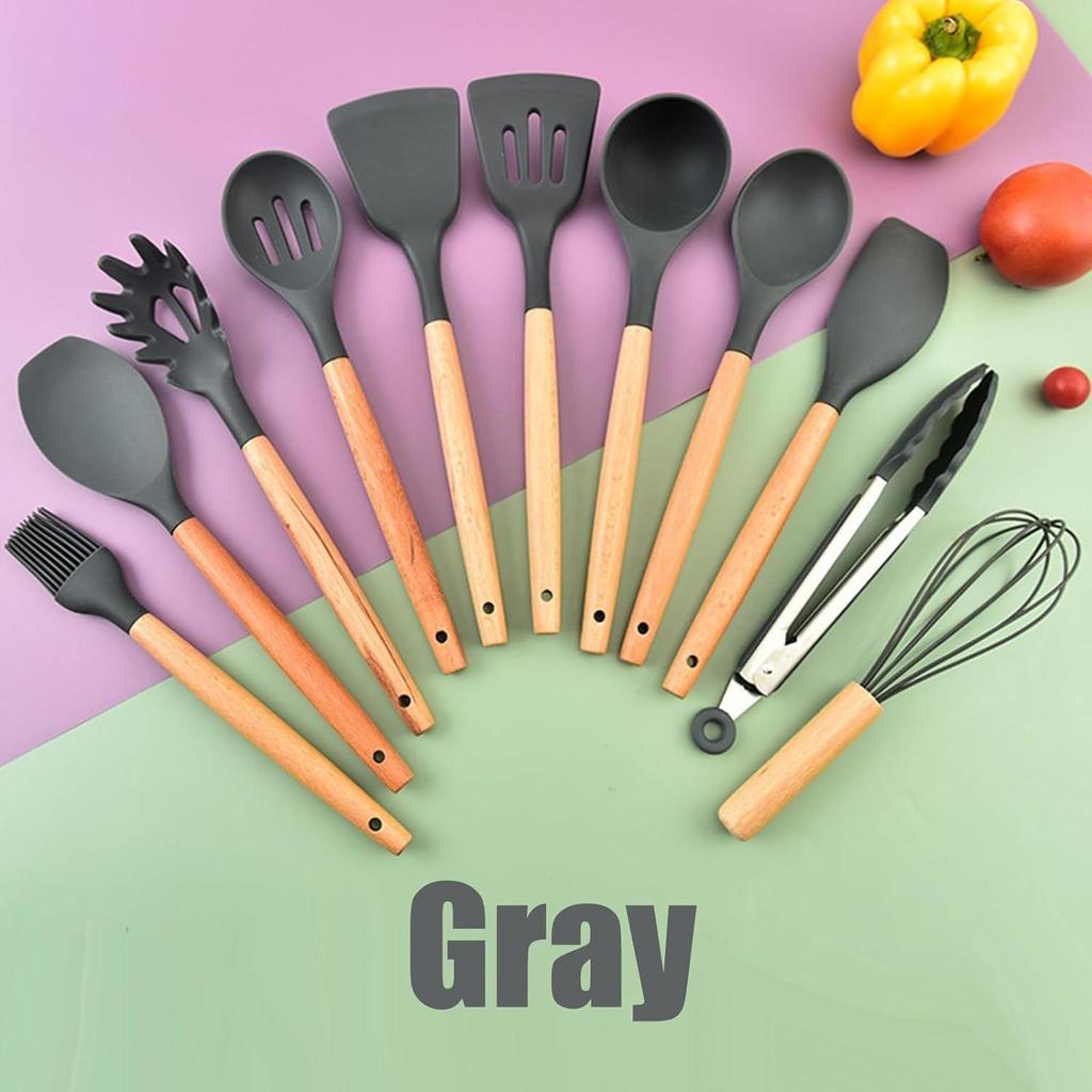 Cooking Utensils Kitchen Utensil Set, 12 PCS Wooden Handle Nontoxic BPA Free Silicone Spoon Spatula Turner Tongs Kitchen Gadgets Utensil Set
