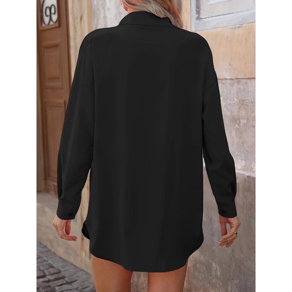 Women'S Elegant Long Sleeve Button-Up Shirt - Solid Color, Relaxed Fit, Knee-Length, Spring/Summer Casual Wear,Comfortable Wear |