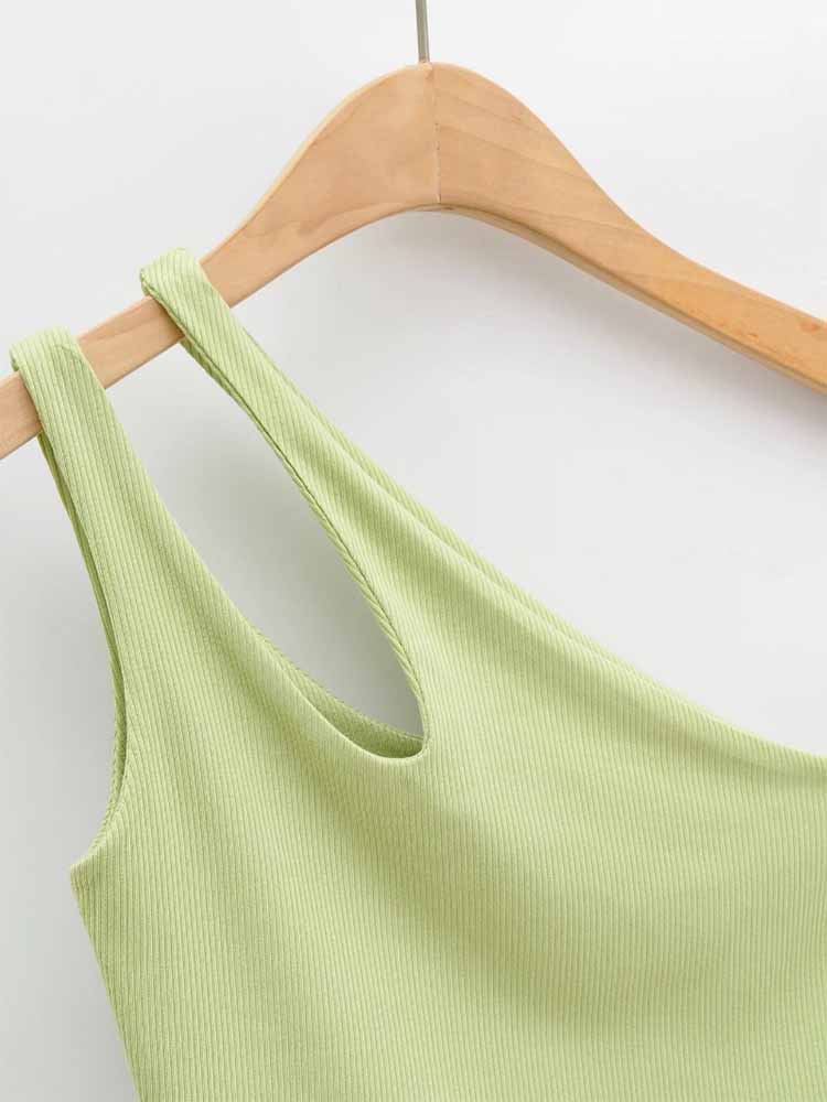 Haut court Sexy pour femmes, couleur unie, extensible, tricot sans manches, asymétrique épaule dénudée, débardeur basique dos nu