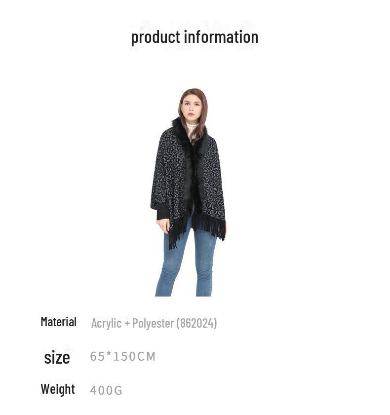 Abrigo Chal de Punto de Lana con Cuello de Piel de Leopardo para Mujer