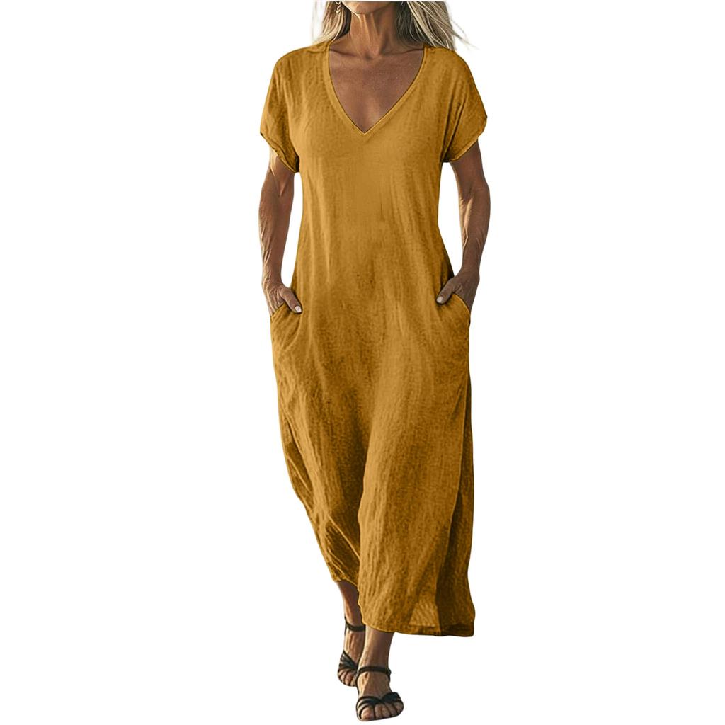 Women V Neck Short Sleeve Loose Fit Maxi Dress with Pockets Casual Summer Lightweight Long Dress for Daily Wear