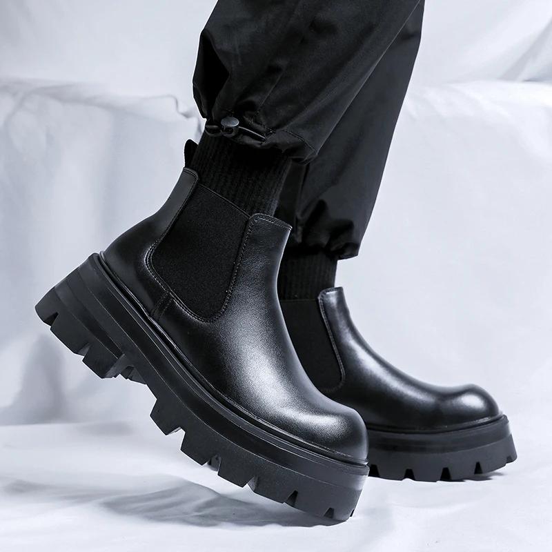 Luxury Brand Mens Chelsea Boots High Quality British Style Casual Leather Ankle Boots for Men Thick Bottom Design High Top Boots