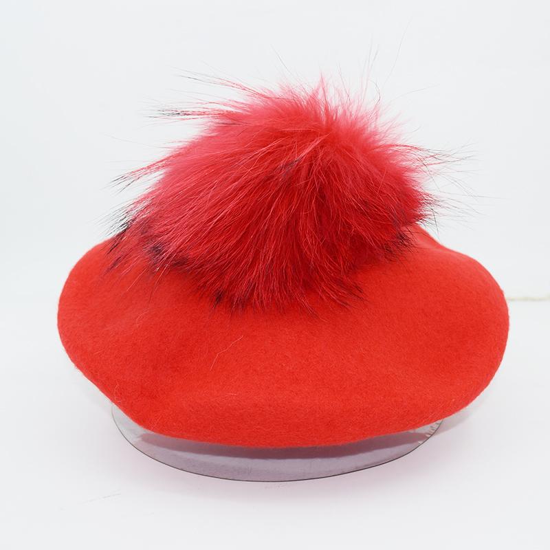Herbst Winter Kinder warme Wolle Mädchen Baskenmützen mit natürlichen Waschbären Fell Pompon Hut für Frauen