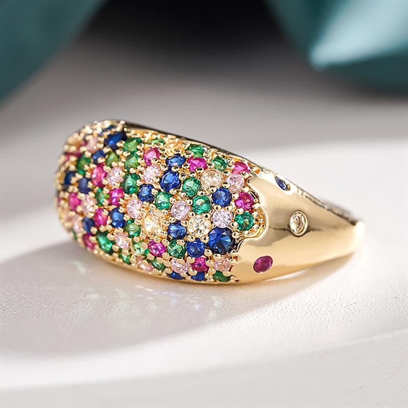 Huitan Sparkling Women Ring Gold Color Luxury Wedding Party Fashion Accessories Inlaid Shiny Colorful CZ Gorgeous Lady Jewelry