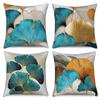 4Pcs Teal Gold Ginkgo Leaf Printed Pillow Cover Polyester Cushion Case 2D Flat Printing Pillowcase Luxury Home Decor Art Style