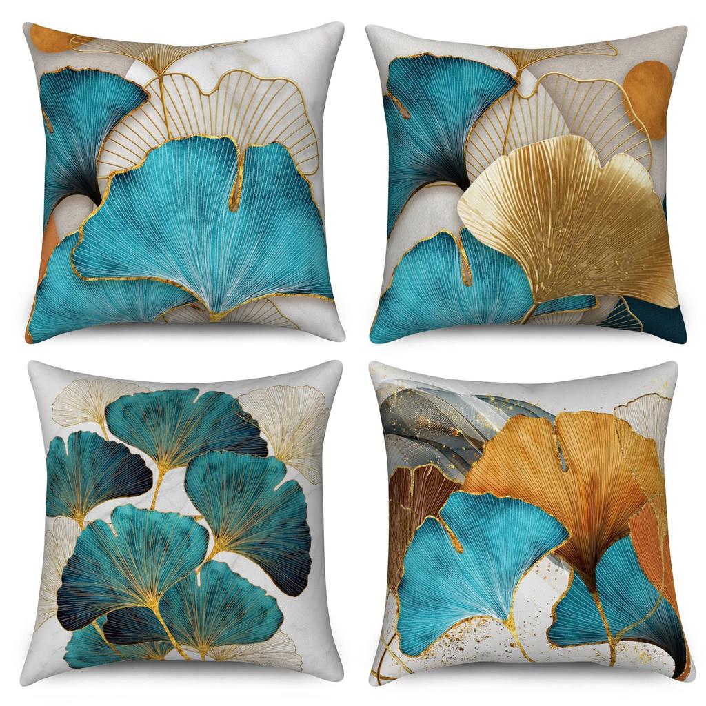 4Pcs Teal Gold Ginkgo Leaf Printed Pillow Cover Polyester Cushion Case 2D Flat Printing Pillowcase Luxury Home Decor Art Style