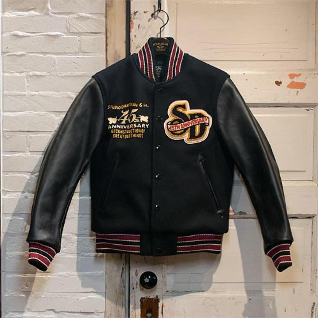 Tide Brand AC Milan Embroidered Leather-Sleeve Versatile Baseball Jacket