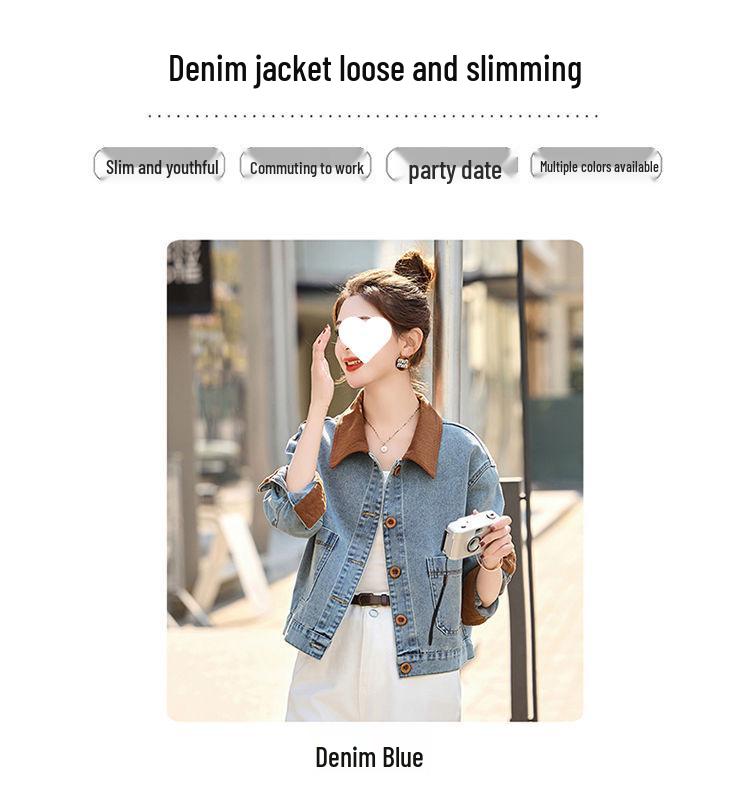 Wiosna 2025 Damska kurtka dżinsowa w stylu retro z blokami kolorów i klapami