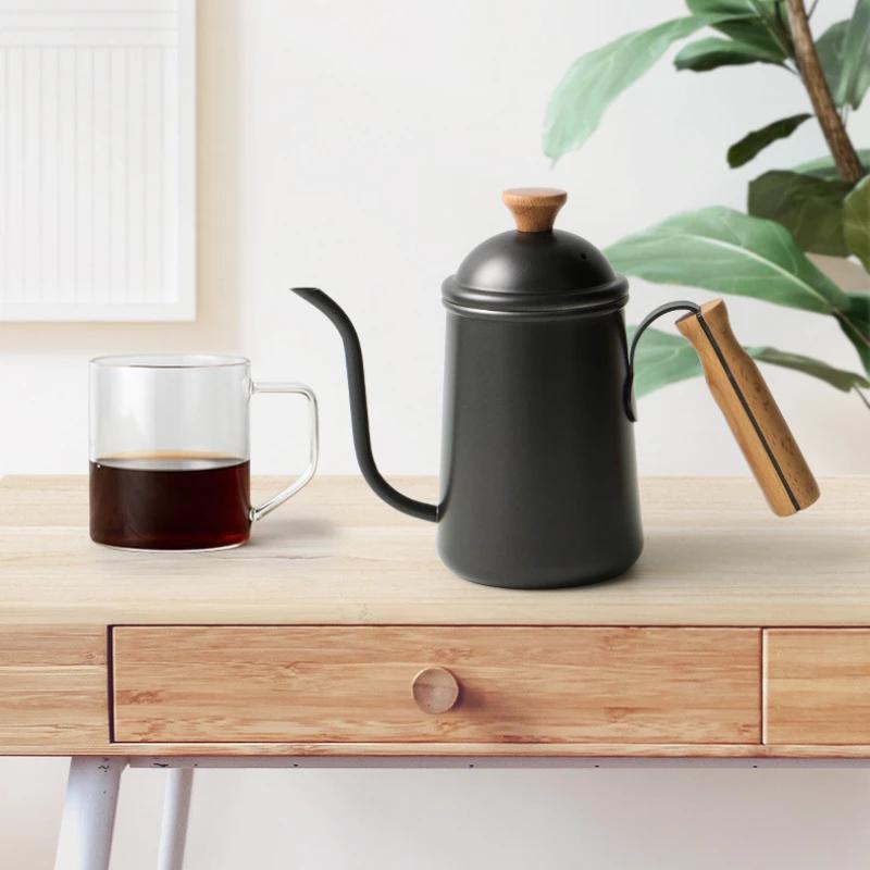 650ml Nerezová konvice na kávu s husím krkem, konvička na čajovou vodu s dřevěnou rukojetí, kempingová přenosná konvička na kávu pour over, kávové nádobí