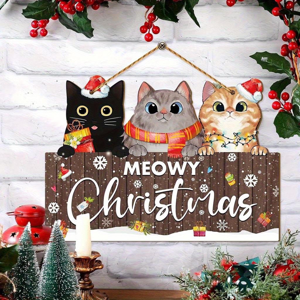 1pc 2D Flat, 2D Flat Christmas Wooden Hanging Ornament - Set of 3 Cats with Santa Hats and Scarves,  Suitable for Living Room