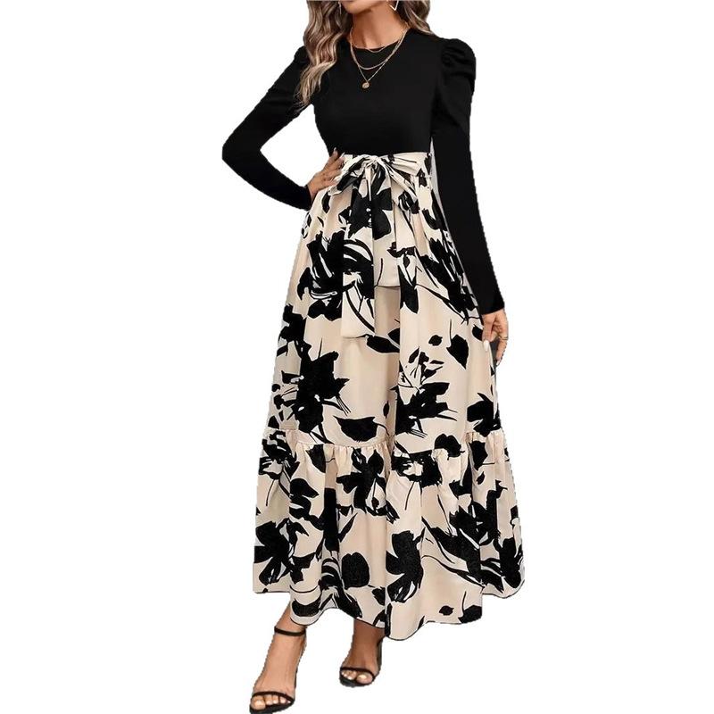 Women's clothing autumn explosion floral printing crew neck long-sleeved dress exotic vacation style elegant even