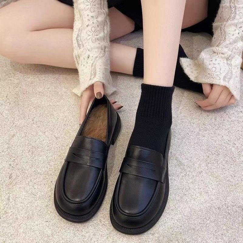 Dikkere zool Britse stijl kleine leren schoenen dames pluizige schoenen winter nieuw veelzijdig zachte zool zacht leer retro Koreaanse versie werk loafers