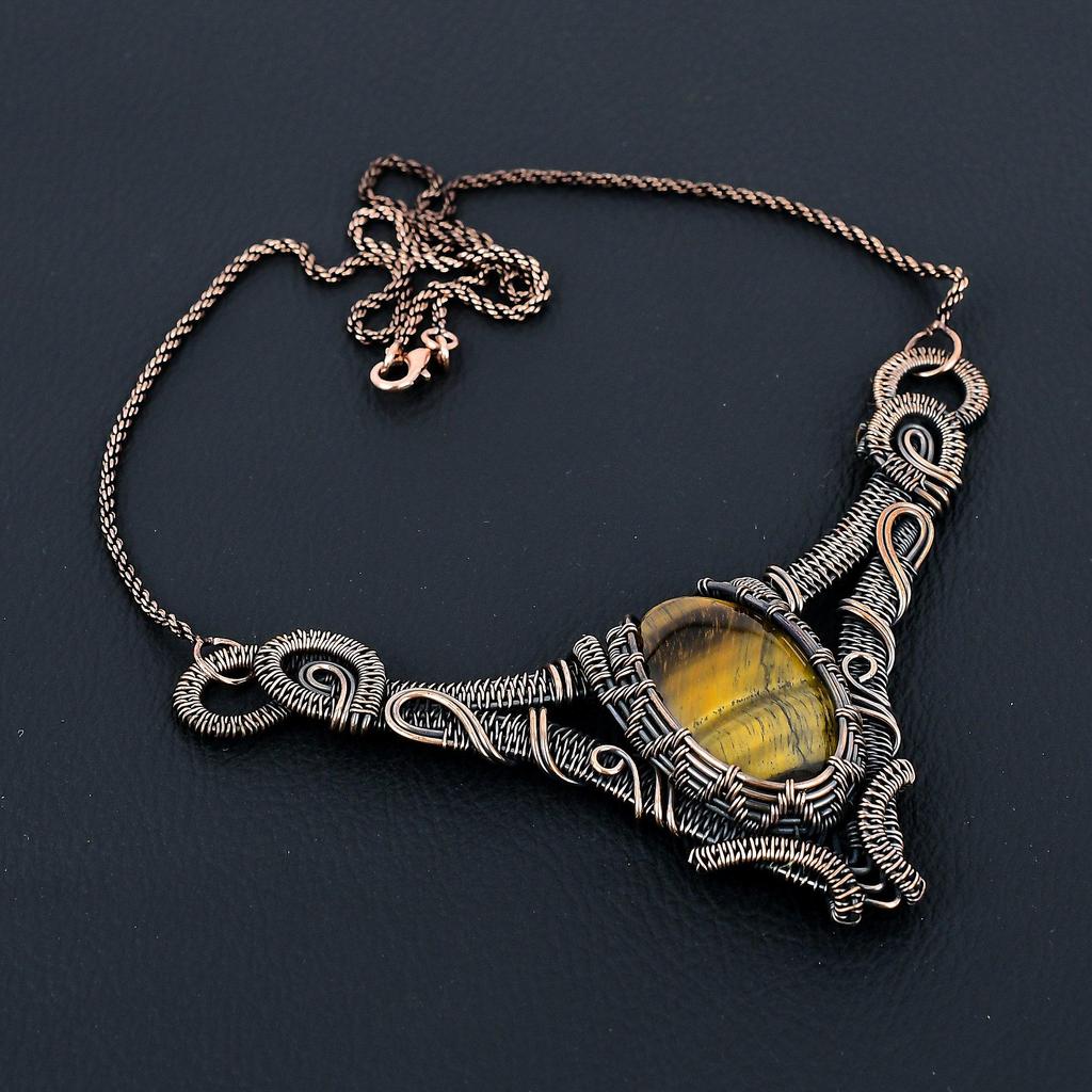 Elegant Tiger Eye Gemstone Pure Copper Wire Wrapped Handmade Necklace Jewelry