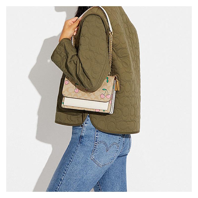 Coach Klare 22 Heart Cherry Print Coated Canvas and Smooth Leather Shoulder Crossbody Bag Small Women's Brown Presbyopia and White