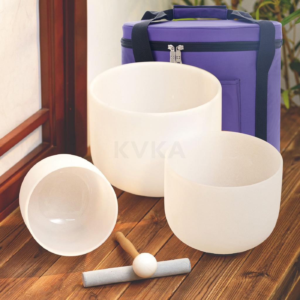 KVKA 10"E 8"G 6"B 432hz 440hz Cuenco Tibetano de Cristal de Cuarzo Esmerilado Juego de 3 Piezas para Yoga Sanación con Sonido Meditación Musical