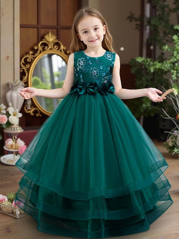 Girls Party Evening Dress Skirt Flower Mesh Tutu Middle and Big Kids Long Christmas Performance Costume 632 Children's Princess