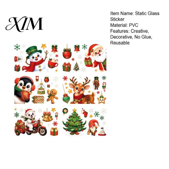 Easy Paste Window Decorations 6Pcs Christmas Cling, Santa Snowman Penguin Reindeer Static Glass Removable Holiday Decals for Storefront, No