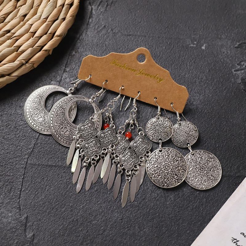 Retro long earrings, Tibetan silver tassel women's bohemian high-end metal vacation earrings set
