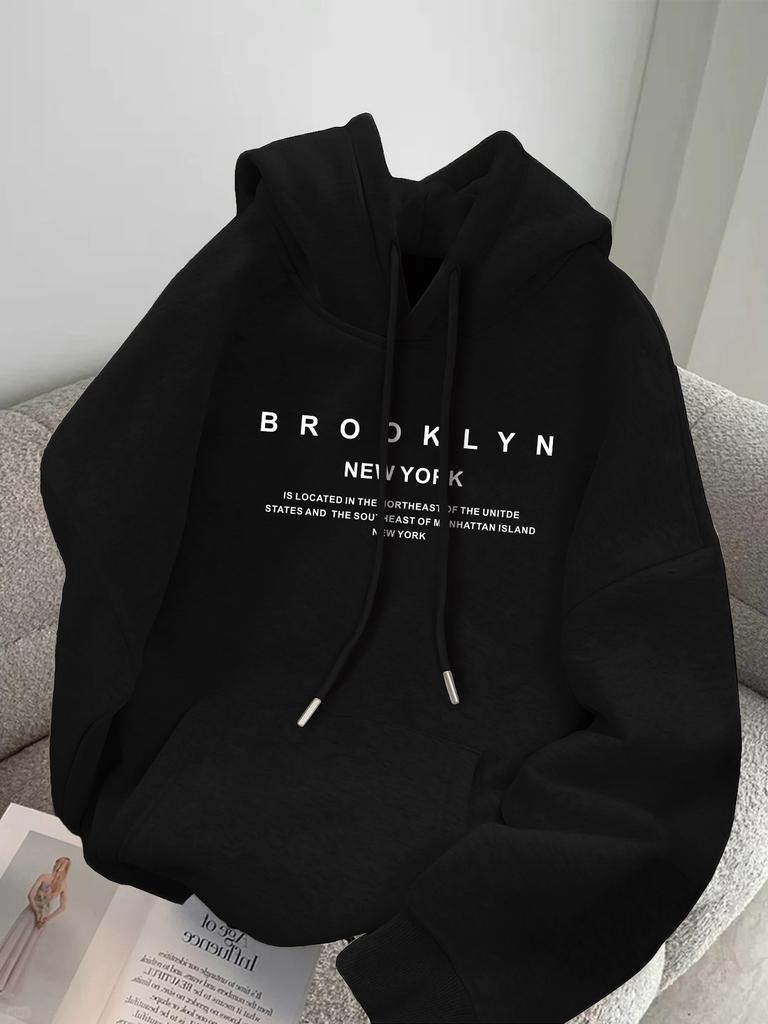 Brooklyn New York Grafisk Hoodie Casual Sweatshirt med Ficka Fram Lös Passform Huvkrage Stil Casual Långärmad Pullover