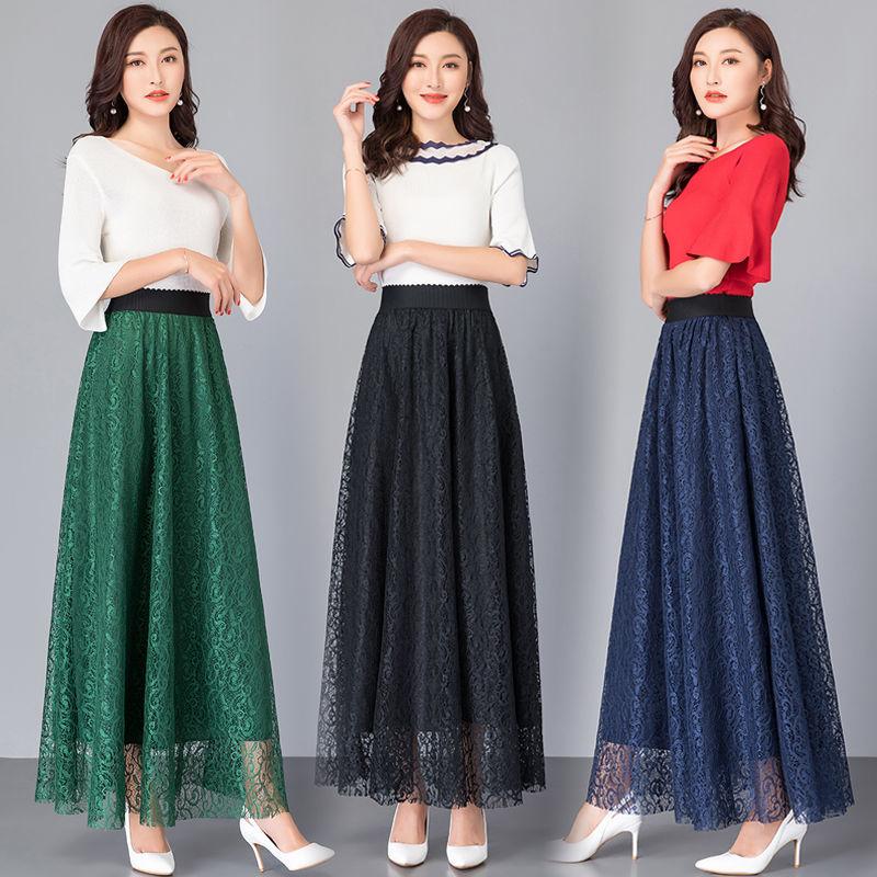 Velká velikost Univerzální A-liniová Dlouhá sukně Dámská Jarní a Podzimní Krajková Elastická S Vysokým Pasem Středně dlouhá Sukně