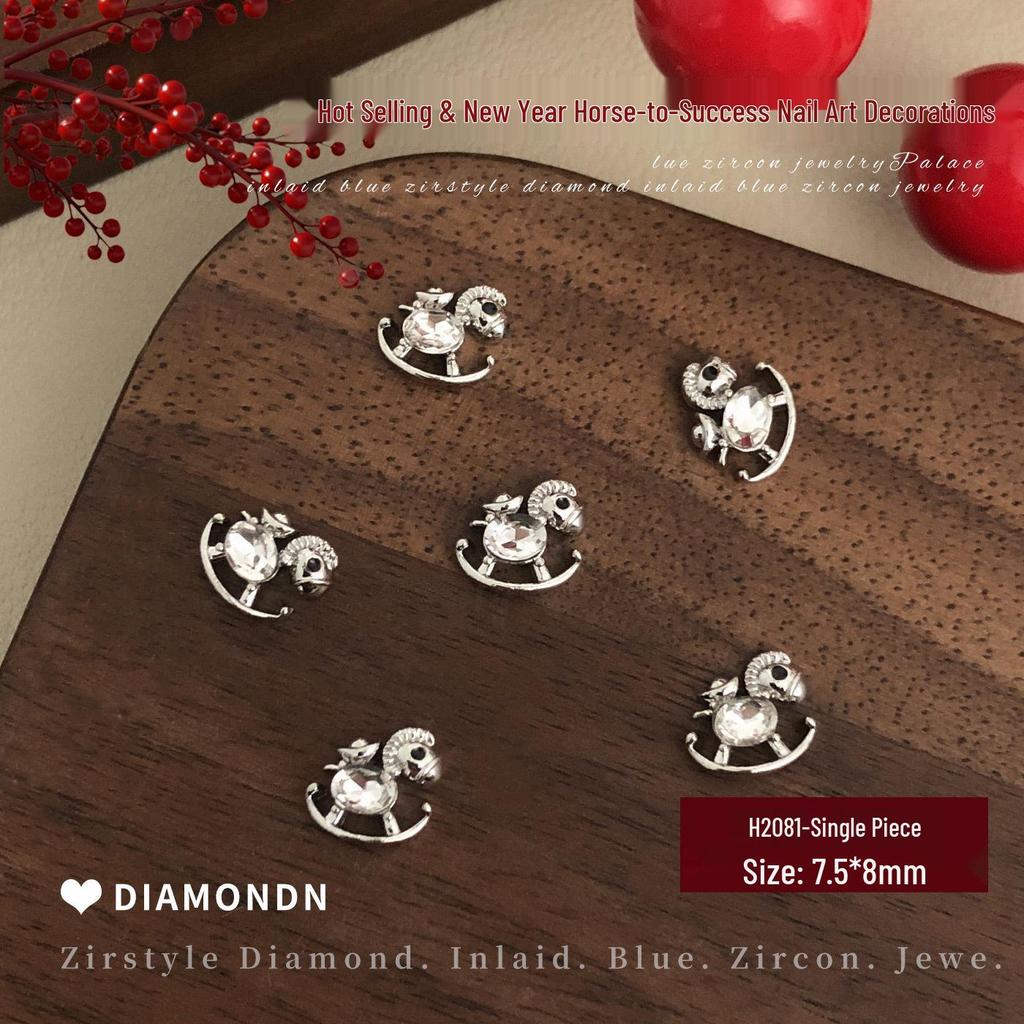 2026 New Year Little Horse Nail Art Decorations - Gold, Silver, and Red Rhinestone Press-on Nail Accessories