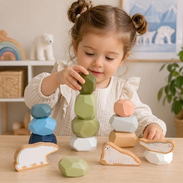 Blocs à Empiler en Bois Arctique Jeu d'Equilibre 15 pièces