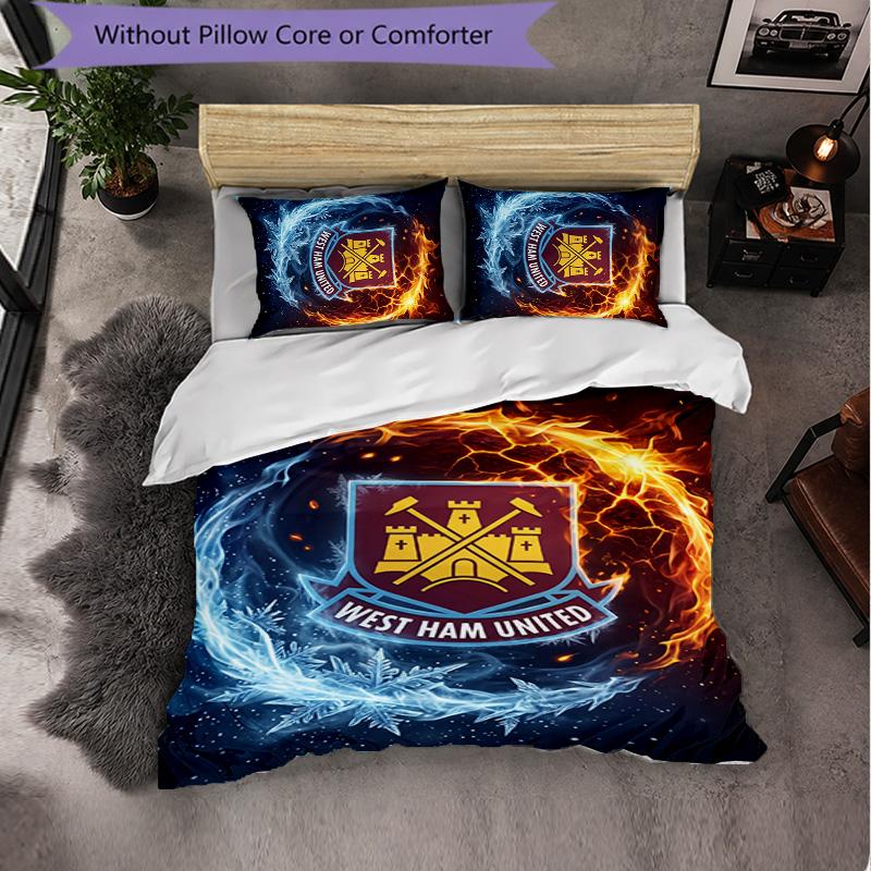 West Ham United Football 3 Piece Bedding Set Soft Duvet Cover Set with Pillowcases Printed Bedroom Decor Set for Home