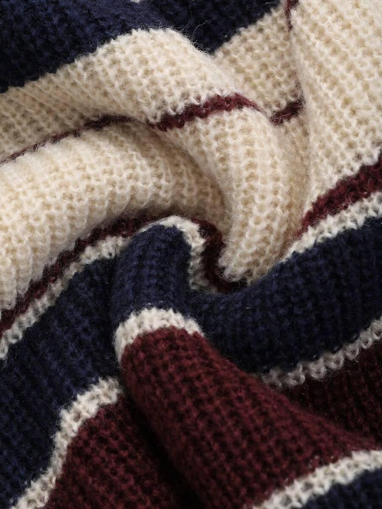 Women's Winter Retro Striped Sweater - Color Block Round Neck Pullover, Casual Loose Knitwear