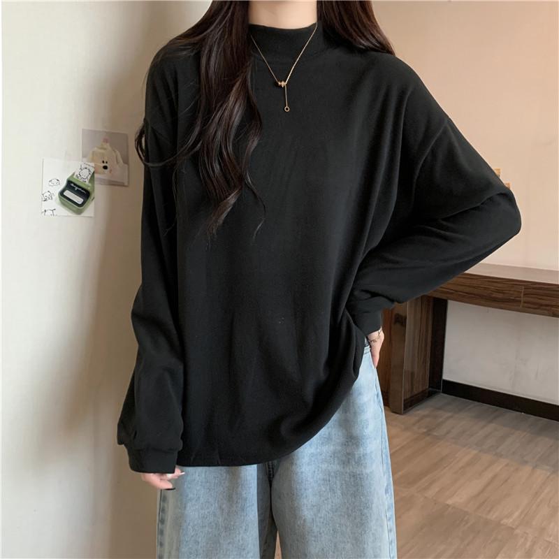 European & American Style Women's Velvet Bottoming Shirt - Autumn/Winter, Thick, Loose Half-High Collar, Long-Sleeved, Warm Plus Velvet T-shirt