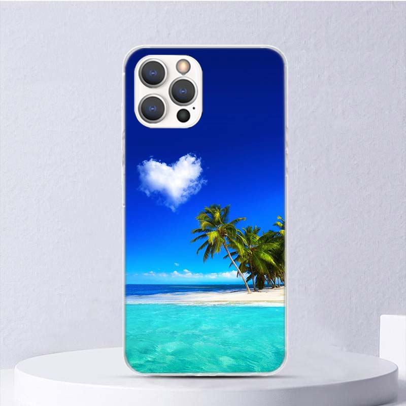 Sommer Strand Sonnenuntergang Meer Palme Weiche Hülle Für iPhone 16 17 Air 16E 15 Plus 11 12 13 Mini 14 Pro Max Handyhülle Apple 7 8 SE C